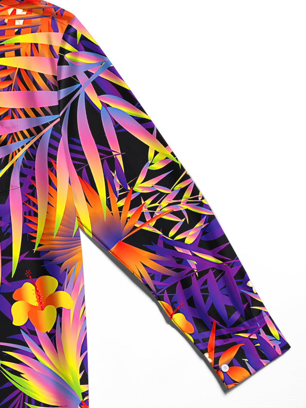 Adaychic Men's Neon Gradient Tropical Leaves Print Long Sleeve Shirt with Chest Pocket