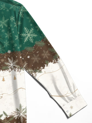 Adaychic Men's Christmas Snowflakes And Pine Branches Print Long Sleeve Shirt with Chest Pocket
