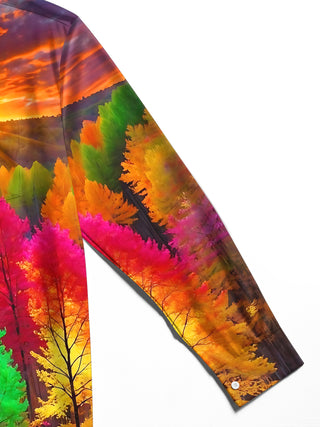 Adaychic Men's Printed Autumn Forest Sunset Print Long Sleeve Shirt with Chest Pocket