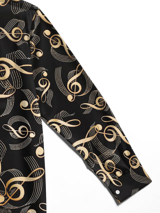 Adaychic Men's Printed Musical Notes Pattern Long Sleeve Shirt with Chest Pocket