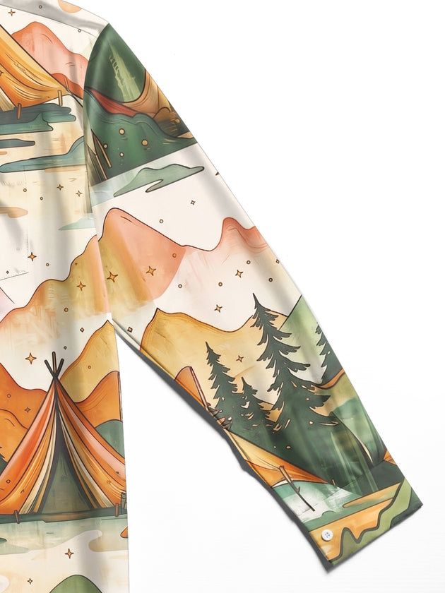 Adaychic Men's Printed Mountain Camping Scene Print Long Sleeve Shirt with Chest Pocket