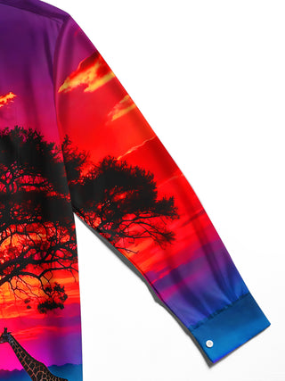 Adaychic Men's Printed Giraffe Sunset Landscape Print Long Sleeve Shirt with Chest Pocket