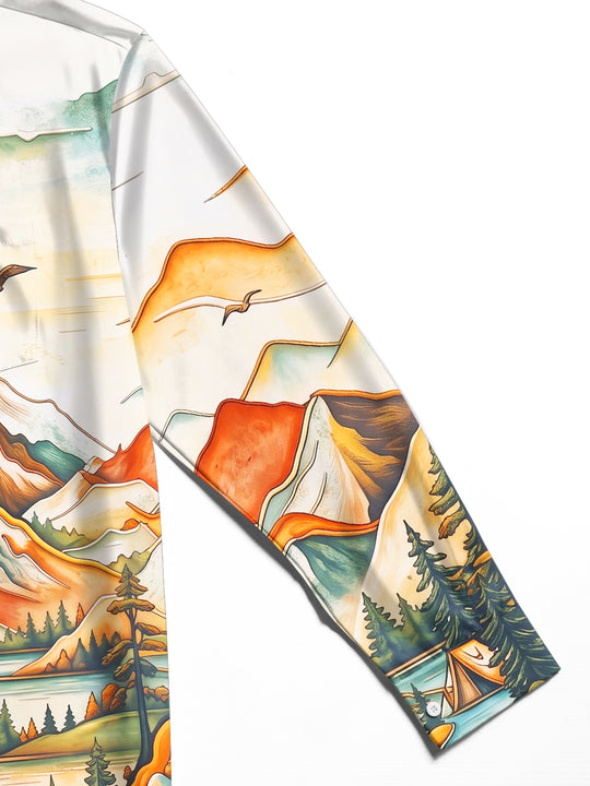 Adaychic Men's Vintage Style Mountain Landscape Print Long Sleeve Shirt with Chest Pocket