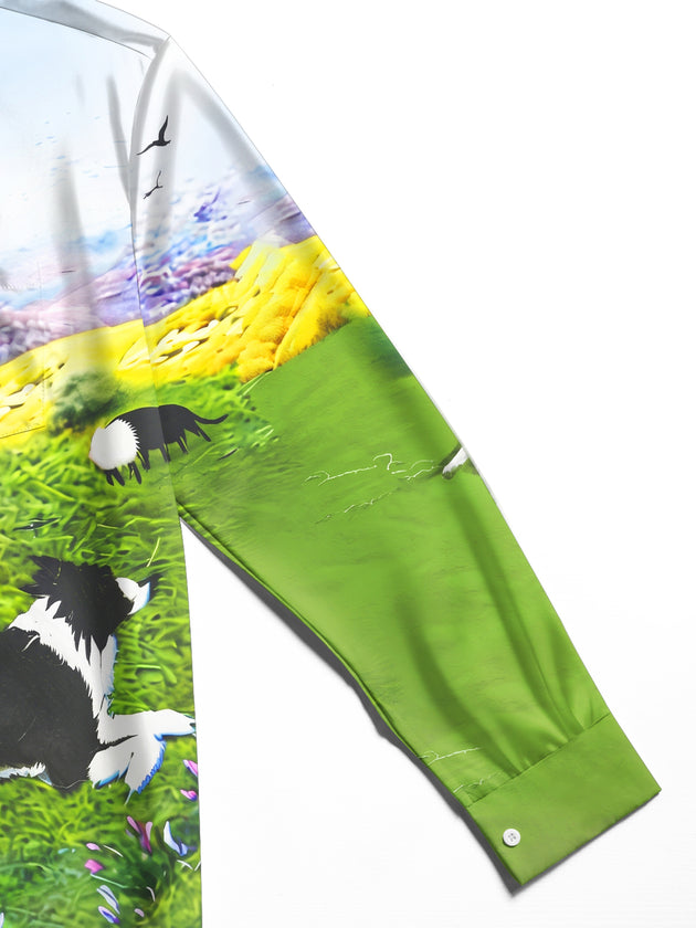 Adaychic Men's Printed Border Collie Print Long Sleeve Shirt with Chest Pocket