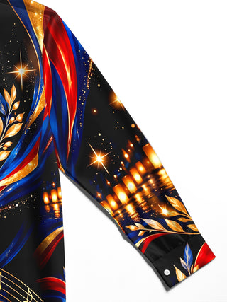 Adaychic Men's Long Sleeve Shirt - Veterans Day Musical Notes And Gold Leaves With Patriotic Ribbons Print with Chest Pocket