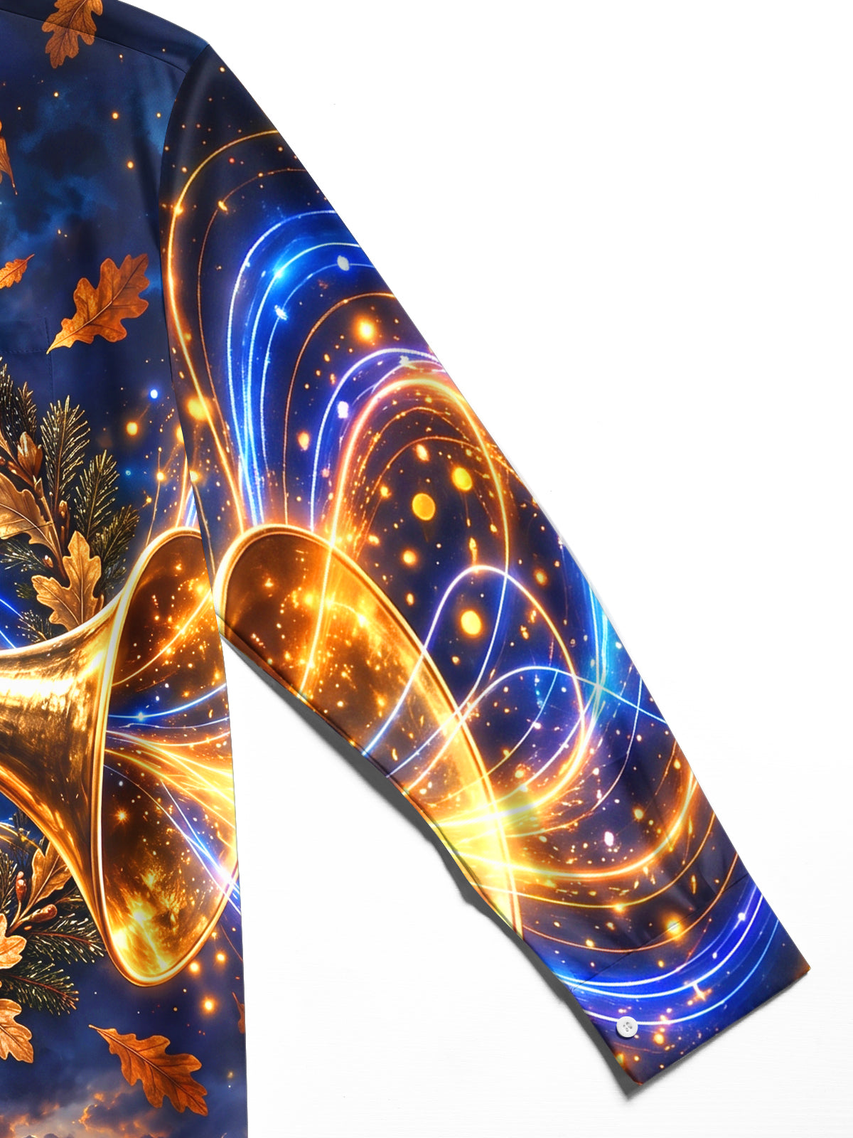 Adaychic Men's Long Sleeve Shirt - Veterans Day Golden Trumpet And Autumn Leaves Print with Chest Pocket