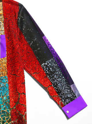 Adaychic Men's Printed Colorful Mosaic Crack Collage Print Long Sleeve Shirt with Chest Pocket