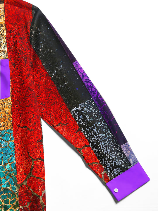 Adaychic Men's Printed Colorful Mosaic Crack Collage Print Long Sleeve Shirt with Chest Pocket