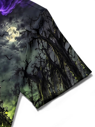 Adaychic Men's Short Sleeve Shirt - Halloween Ghostly Steamboat With Green Fog And Purple Smoke Print with Chest Pocket