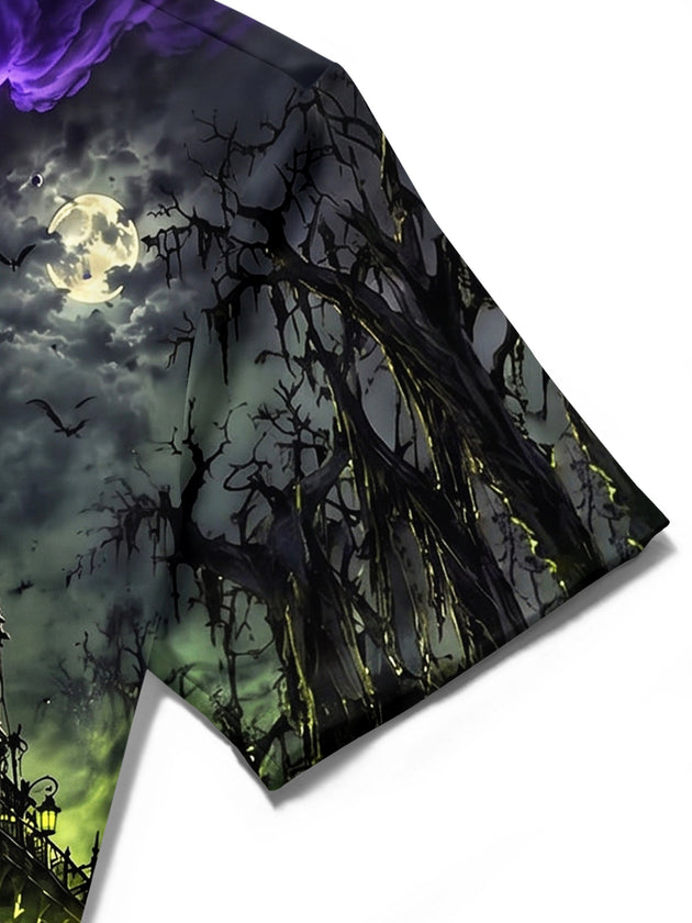 Adaychic Men's Short Sleeve Shirt - Halloween Ghostly Steamboat With Green Fog And Purple Smoke Print with Chest Pocket
