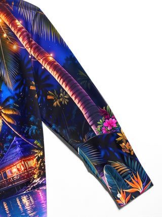 Adaychic Men's Hawaiian Tropical Beach Sunset Print Long Sleeve Shirt with Chest Pocket