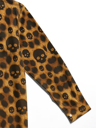 Adaychic Men's Printed Leopard Print Skull Motif Print Long Sleeve Shirt with Chest Pocket