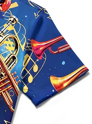 Adaychic Men's Hawaiian Trumpet Musical Notes Print Short Sleeve Shirt with Chest Pocket