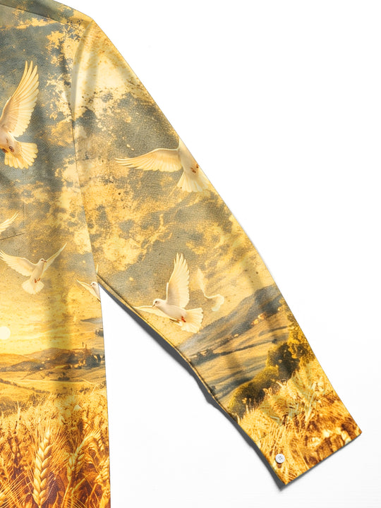 Adaychic Men's Long Sleeve Shirt - Vintage Canteen And Flying Doves Over Wheat Field Print with Chest Pocket