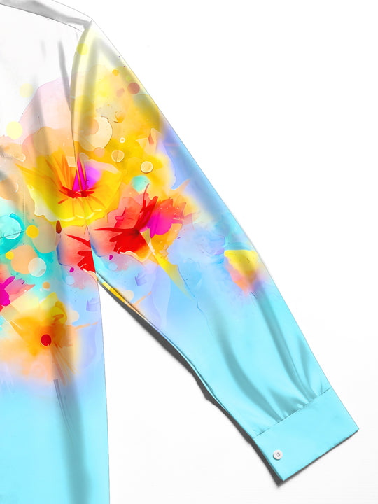 Adaychic Men's Printed Watercolor Floral Print Long Sleeve Shirt with Chest Pocket