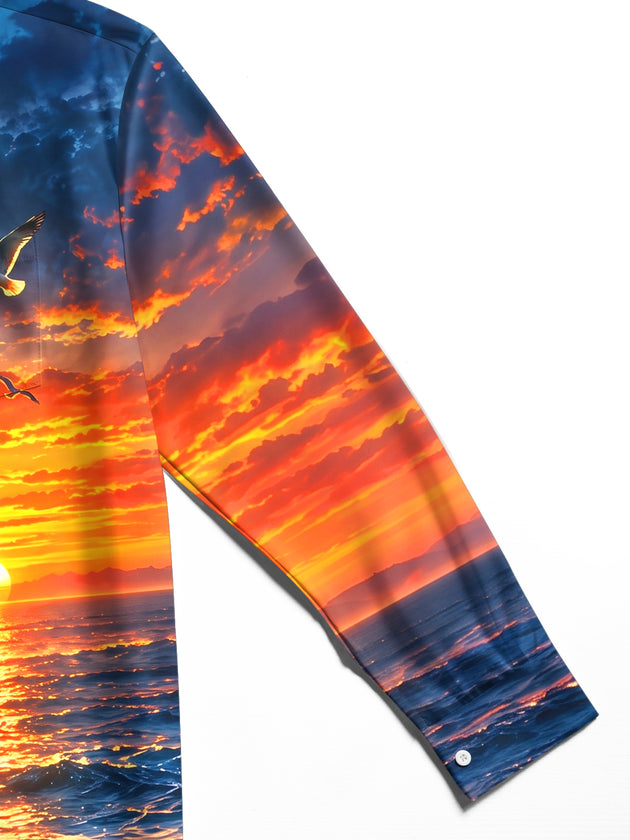Adaychic Men's Long Sleeve Shirt - Veterans Day Soldier Silhouette And Sunset Ocean Landscape Print with Chest Pocket