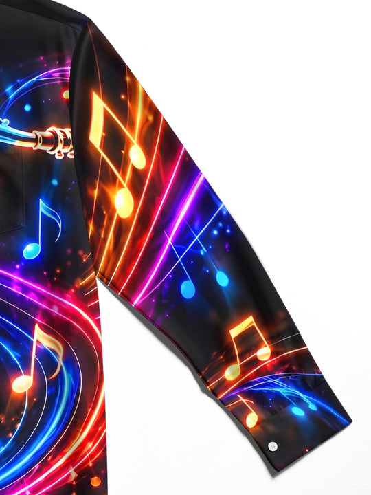 Adaychic Men's Graphic Neon Saxophone And Musical Notes Print Long Sleeve Shirt with Chest Pocket