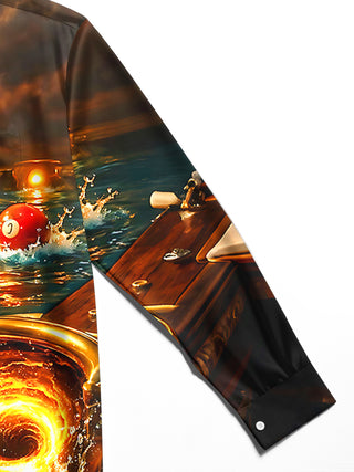 Adaychic Men's Graphic Pool Table Pocket Vortex Print Long Sleeve Shirt with Chest Pocket