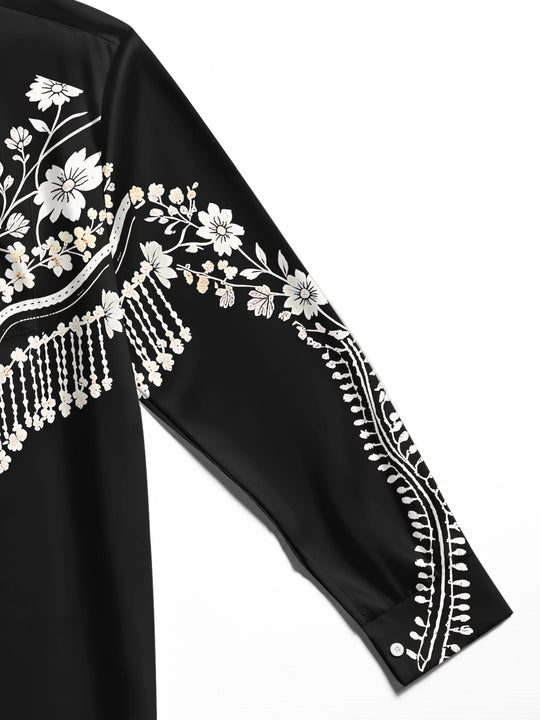 Adaychic Men's Floral Western Floral Embroidery Print Long Sleeve Shirt with Chest Pocket