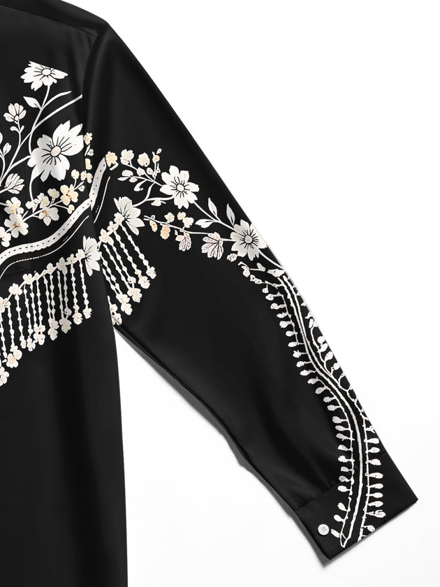 Adaychic Men's Floral Western Floral Embroidery Print Long Sleeve Shirt with Chest Pocket
