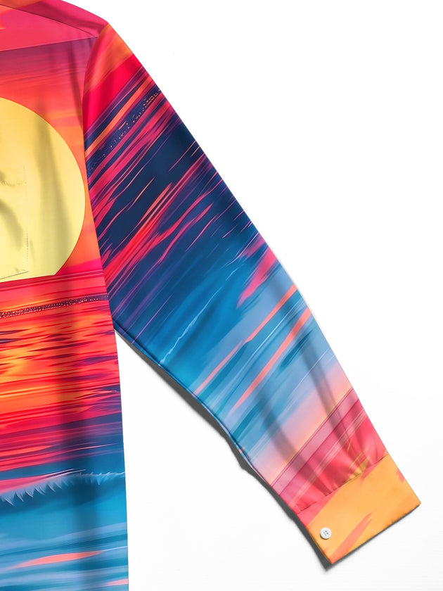 Adaychic Men's Hawaiian Sunset Over Ocean Print Long Sleeve Shirt with Chest Pocket