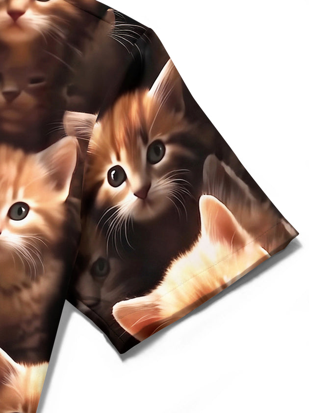 Adaychic Men's Vintage Style Kitten Faces Print Cat Print Short Sleeve Shirt with Chest Pocket