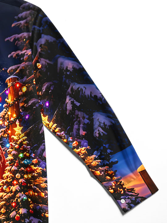 Adaychic Men's Graphic Christmas Bauble Cottage Print Long Sleeve Shirt with Chest Pocket