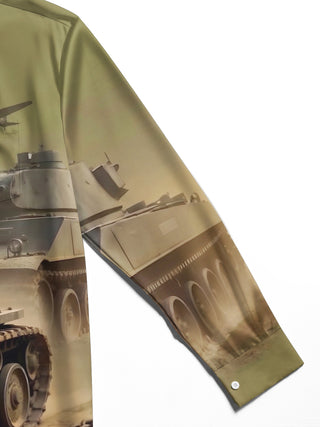 Adaychic Men's Military Tanks And Vintage Aircraft Print Long Sleeve Shirt with Chest Pocket