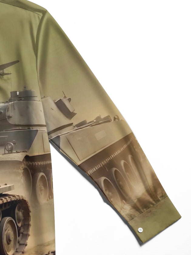 Adaychic Men's Military Tanks And Vintage Aircraft Print Long Sleeve Shirt with Chest Pocket