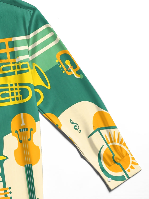 Adaychic Men's Printed Musical Instruments Print Long Sleeve Shirt with Chest Pocket