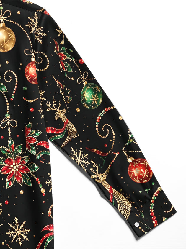 Adaychic Men's Printed Christmas Reindeer And Ornaments Print Long Sleeve Shirt with Chest Pocket
