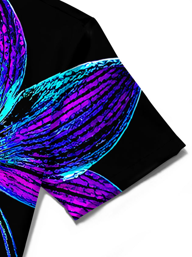 Adaychic Men's Hawaiian Neon Orchid Flowers Print Short Sleeve Shirt with Chest Pocket