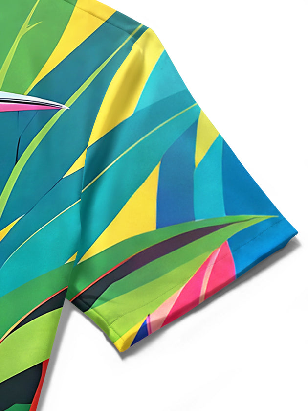 Adaychic Men's Hawaiian Bird Print Tropical Leaves Print Short Sleeve Shirt with Chest Pocket