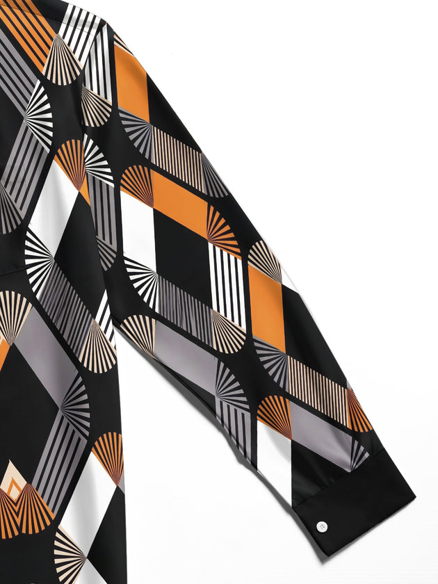 Adaychic Men's Patterned Geometric Fan Art Pattern Long Sleeve Shirt with Chest Pocket