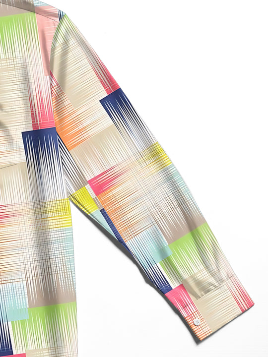 Adaychic Men's Printed Geometric Gradient Blocks Print Long Sleeve Shirt with Chest Pocket