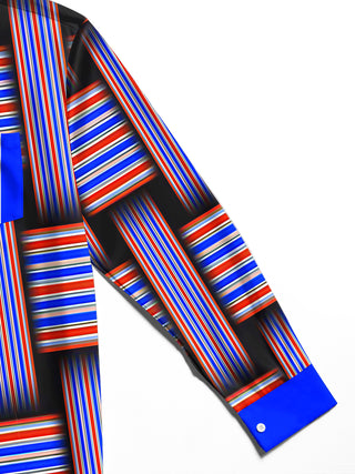 Adaychic Men's Striped Geometric Weave Stripes Print Long Sleeve Shirt with Chest Pocket