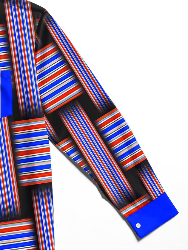 Adaychic Men's Striped Geometric Weave Stripes Print Long Sleeve Shirt with Chest Pocket
