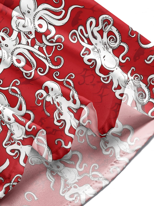 Adaychic Men's Hawaiian Octopus Print Red Background Print Long Sleeve Shirt with Chest Pocket