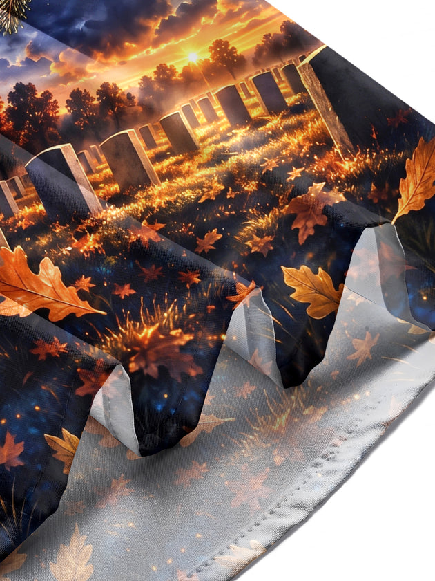 Adaychic Men's Long Sleeve Shirt - Veterans Day Golden Trumpet And Autumn Leaves Print with Chest Pocket