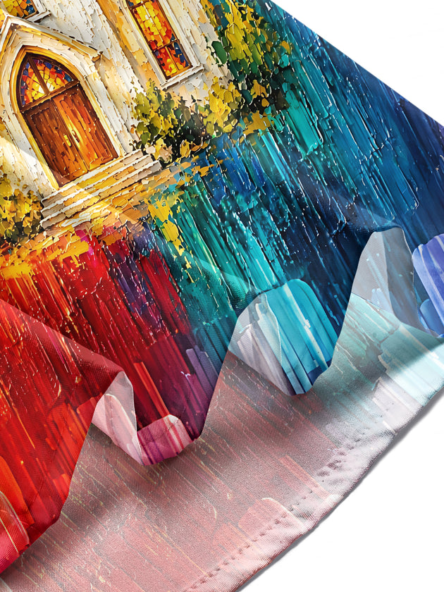 Adaychic Men's Long Sleeve Shirt - Church Building With Cross And Stained Glass Windows Print with Chest Pocket