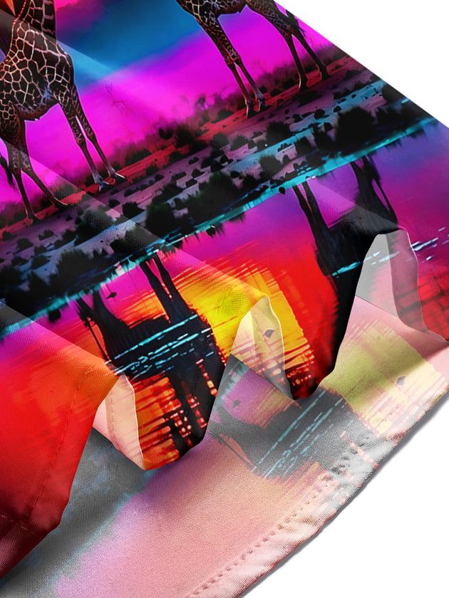 Adaychic Men's Printed Giraffe Sunset Landscape Print Long Sleeve Shirt with Chest Pocket