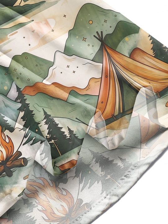 Adaychic Men's Printed Mountain Camping Scene Print Long Sleeve Shirt with Chest Pocket