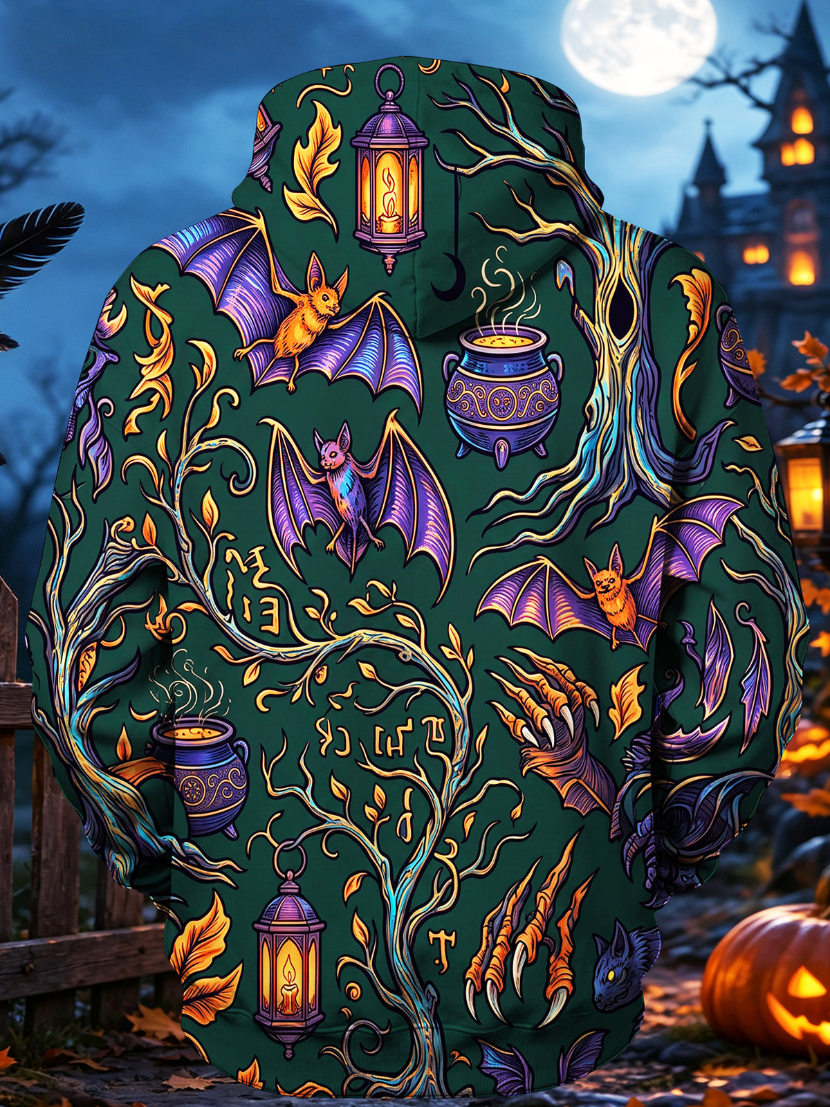 Adaychic Men's Long Sleeve Hoodie - Halloween Bats And Cauldrons In A Dark Forest Print