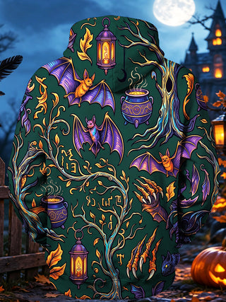 Adaychic Men's Long Sleeve Hoodie - Halloween Bats And Cauldrons In A Dark Forest Print