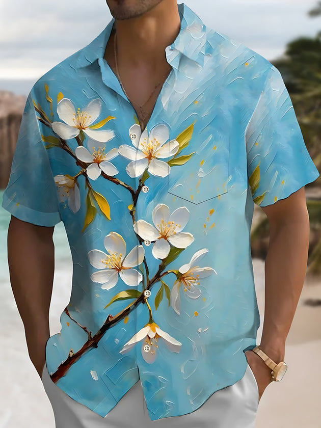 Men's colorful Hawaiian flower print pocket short sleeve shirt front view tropical beach vacation