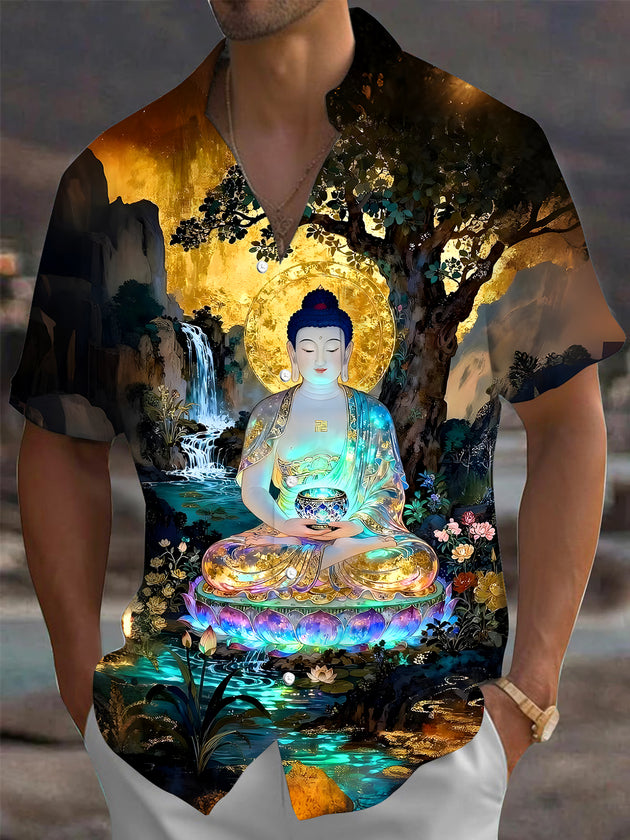 Men's Buddha print pocket short sleeve shirt front view