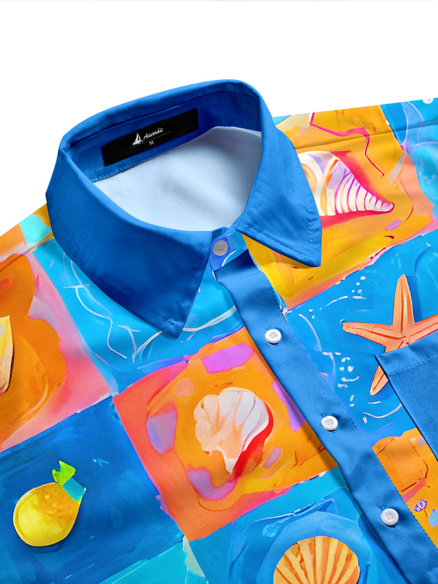 Men's multicolor ocean print Hawaiian pocket short sleeve shirt side view