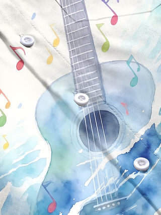 Adaychic Men's Hawaiian Guitar Print Musical Notes Print Long Sleeve Shirt with Chest Pocket