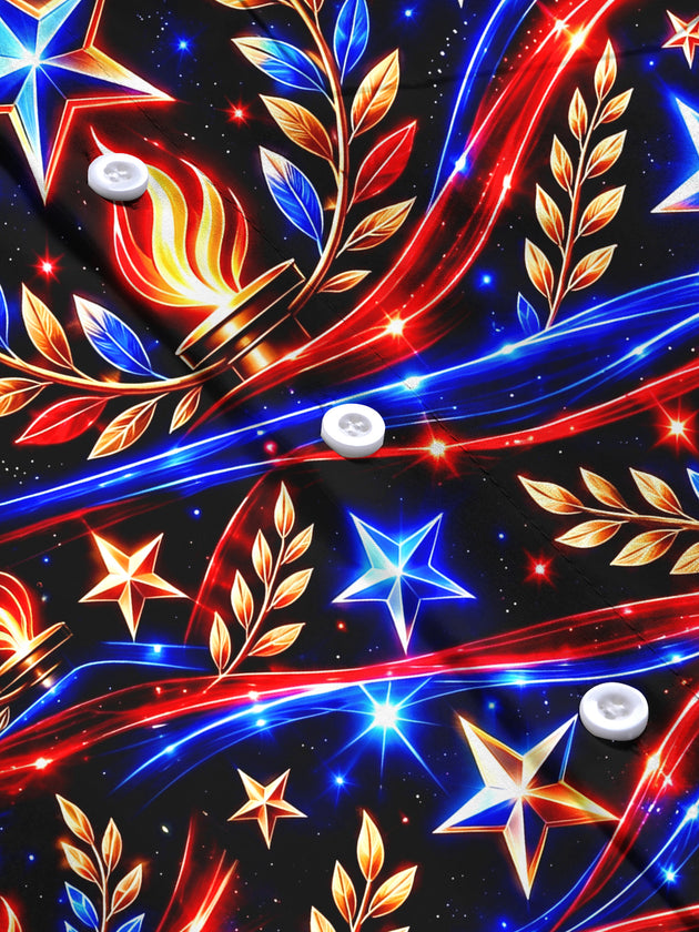 Adaychic Men's Long Sleeve Shirt - Veterans Day Patriotic Stars And Torches With Laurel Wreaths Print with Chest Pocket