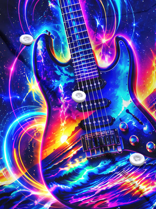 Adaychic Men's Neon Electric Guitar And Sunset Ocean Print Long Sleeve Shirt with Chest Pocket